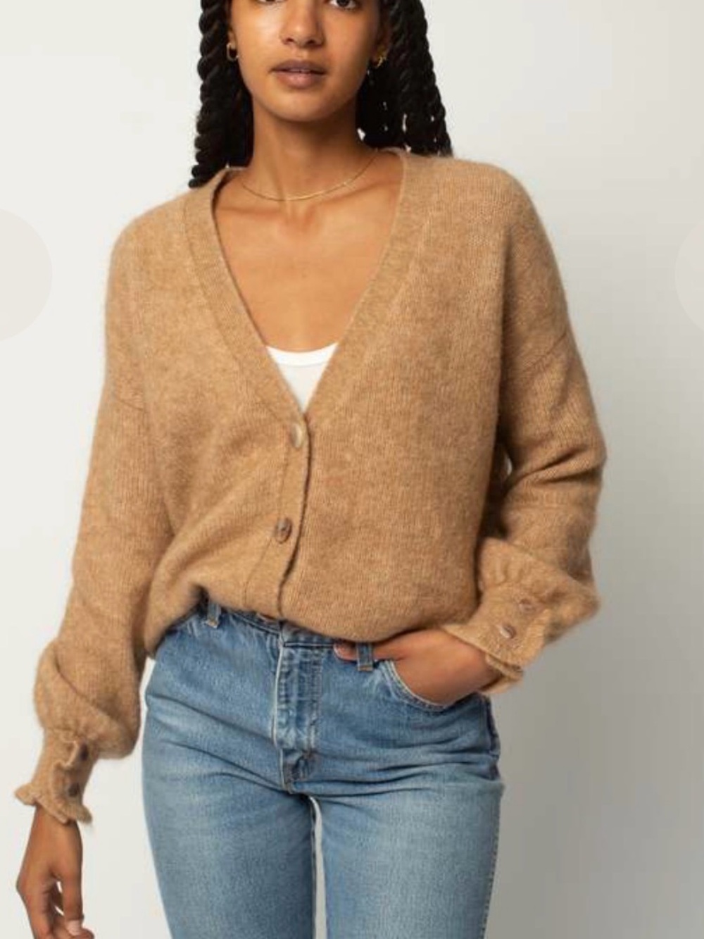 LA MAILLE SEZANE Womens XXL V Neck Button Mia Cardigan Sweater Camel Mohair Wool - Picture 5 of 16